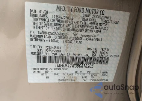 2008 Mercury Sable Premier from USA, damaged, VIN 1MEHM42W38G618205